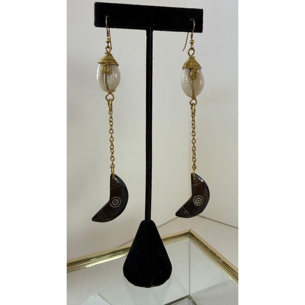 Boho Cowrie Shell Dangle Earrings Crescent Drop Gold Tone 4.75"
